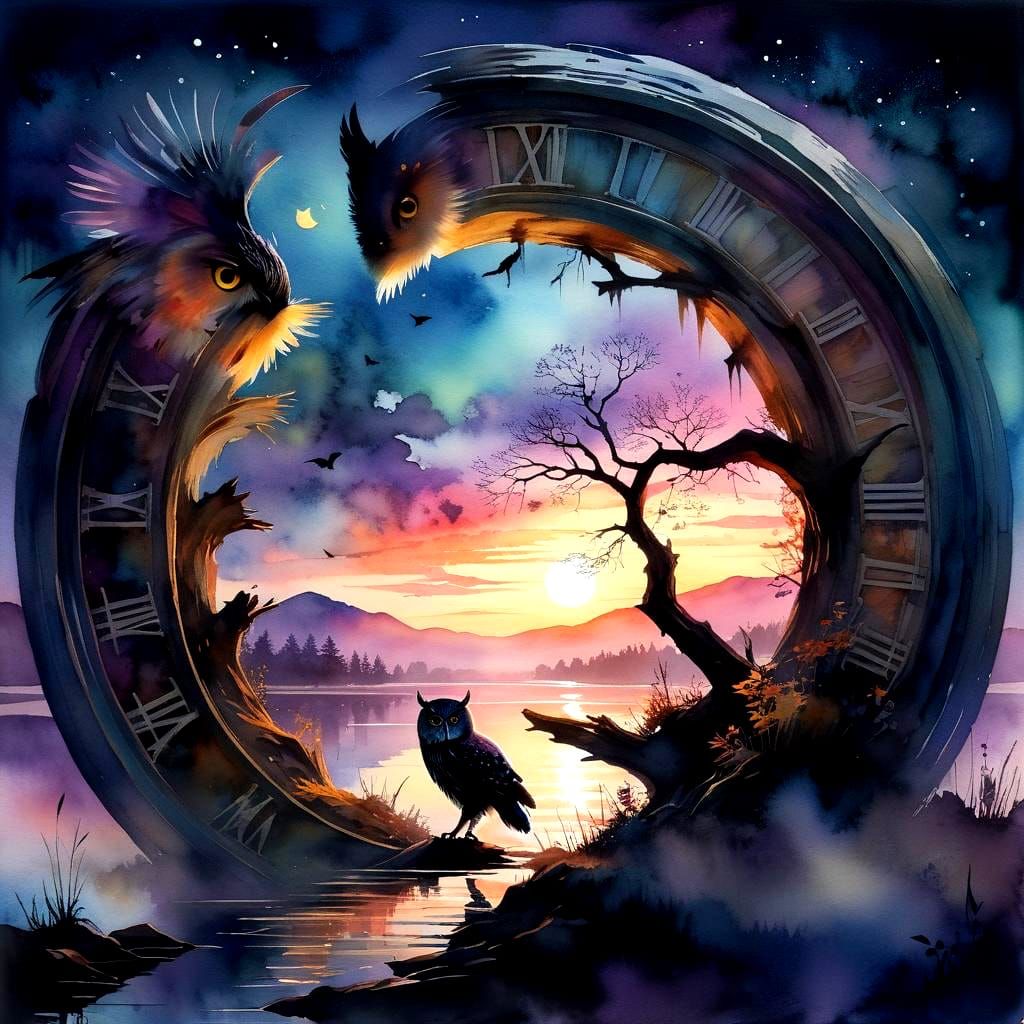 Dreamy Owl Silhouette at Sunset: Watercolor Fantasy