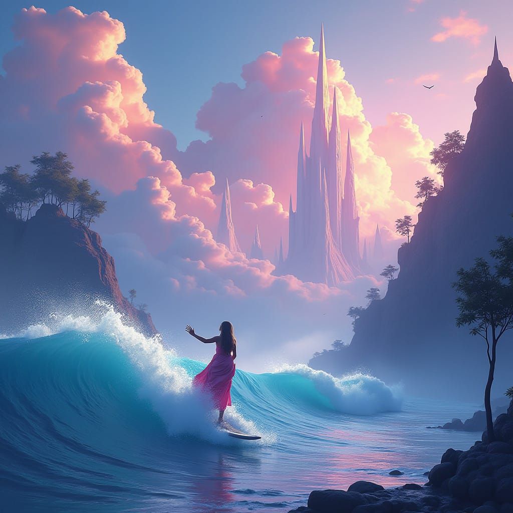 Surreal Fantasy Scene of Rider on Cloud Wave