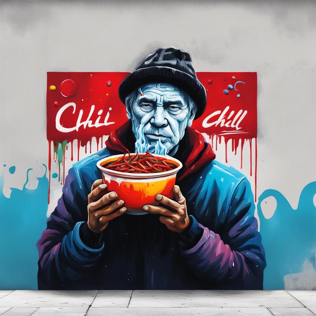 A chilly man eating a bowl of chilli with chili peppers.