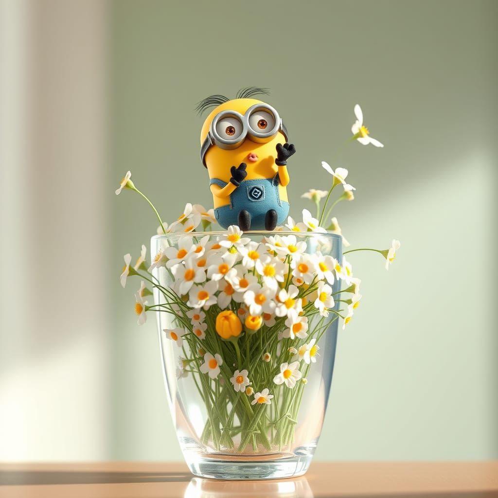 Minion Blowing Kiss Atop Flower Vase in Whimsical Style