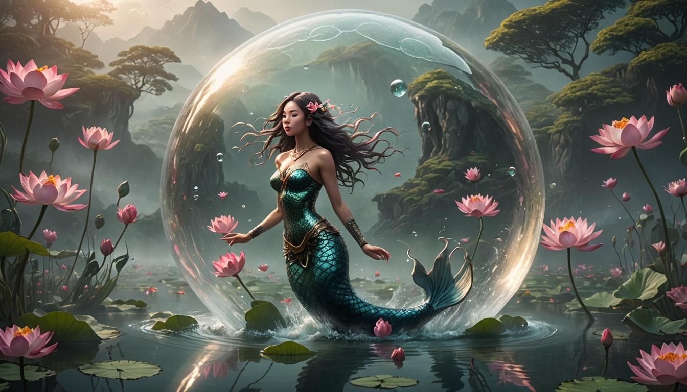 Xianxia Mermaid in Bubble over Misty Lotus Lake