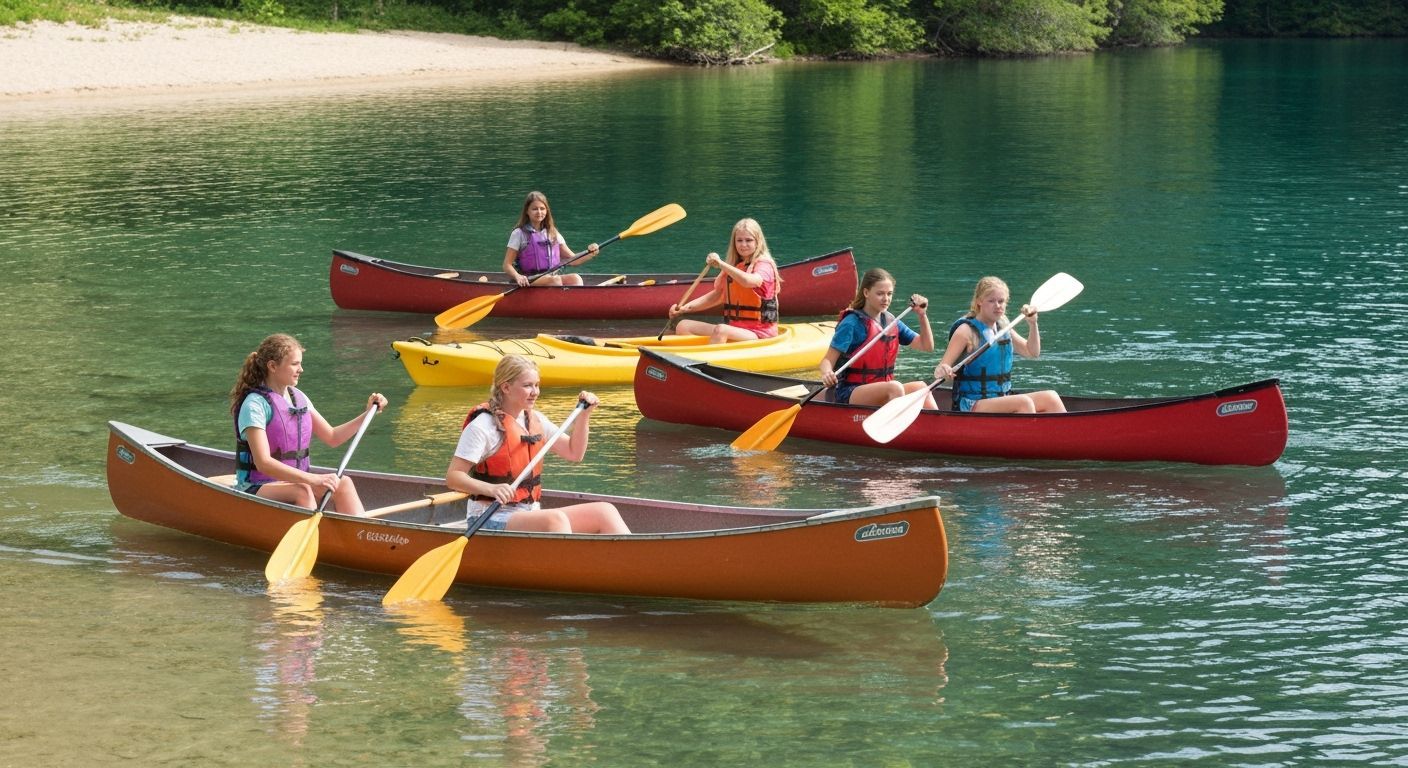 Girls Kayaking on a Calm Lake in Summer