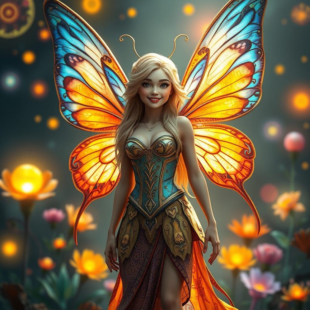 A radiant and smiling fairy with butterfly wings of spectacu...