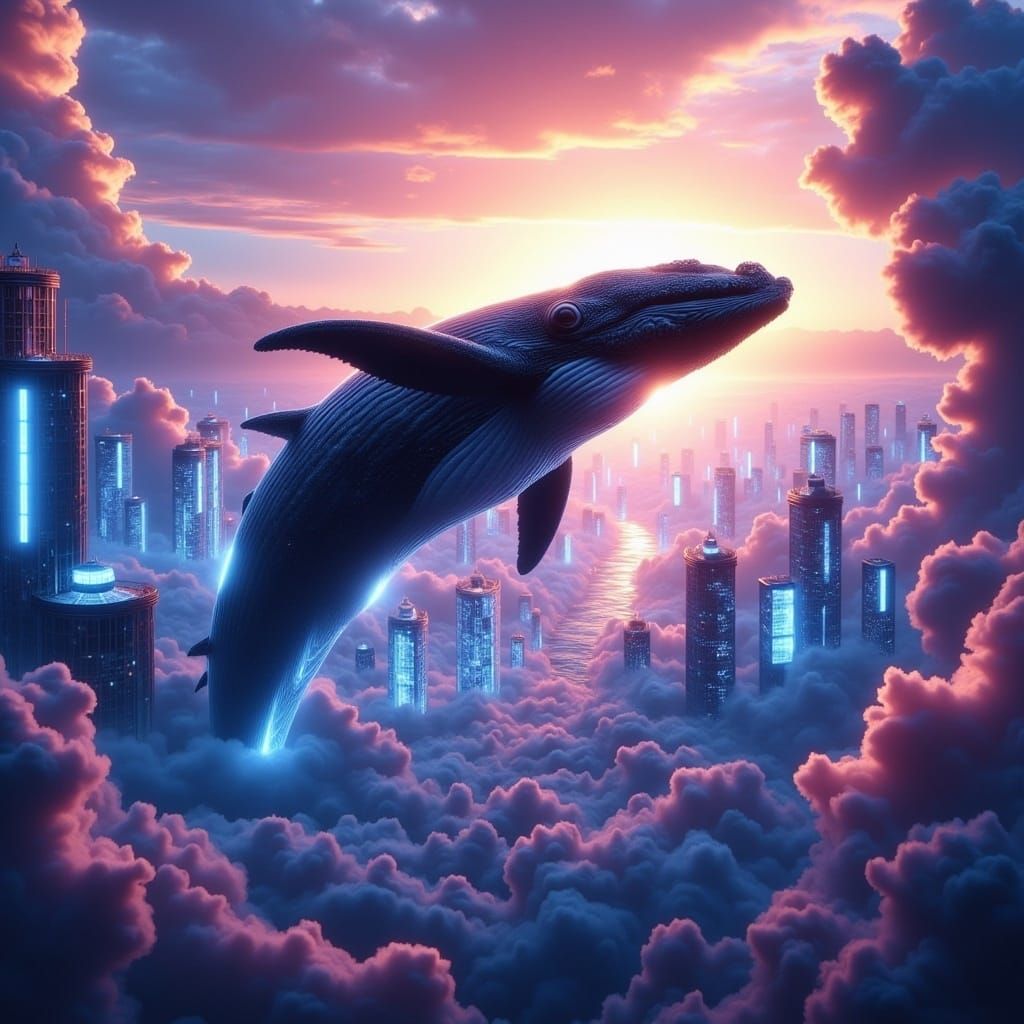 Whale Soars Above Futuristic Metropolis in Vibrant, Gradient...