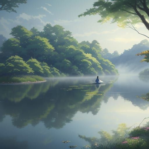 Serenely Dreamy Anime Girl by a Misty Lake in Watercolor Sty...
