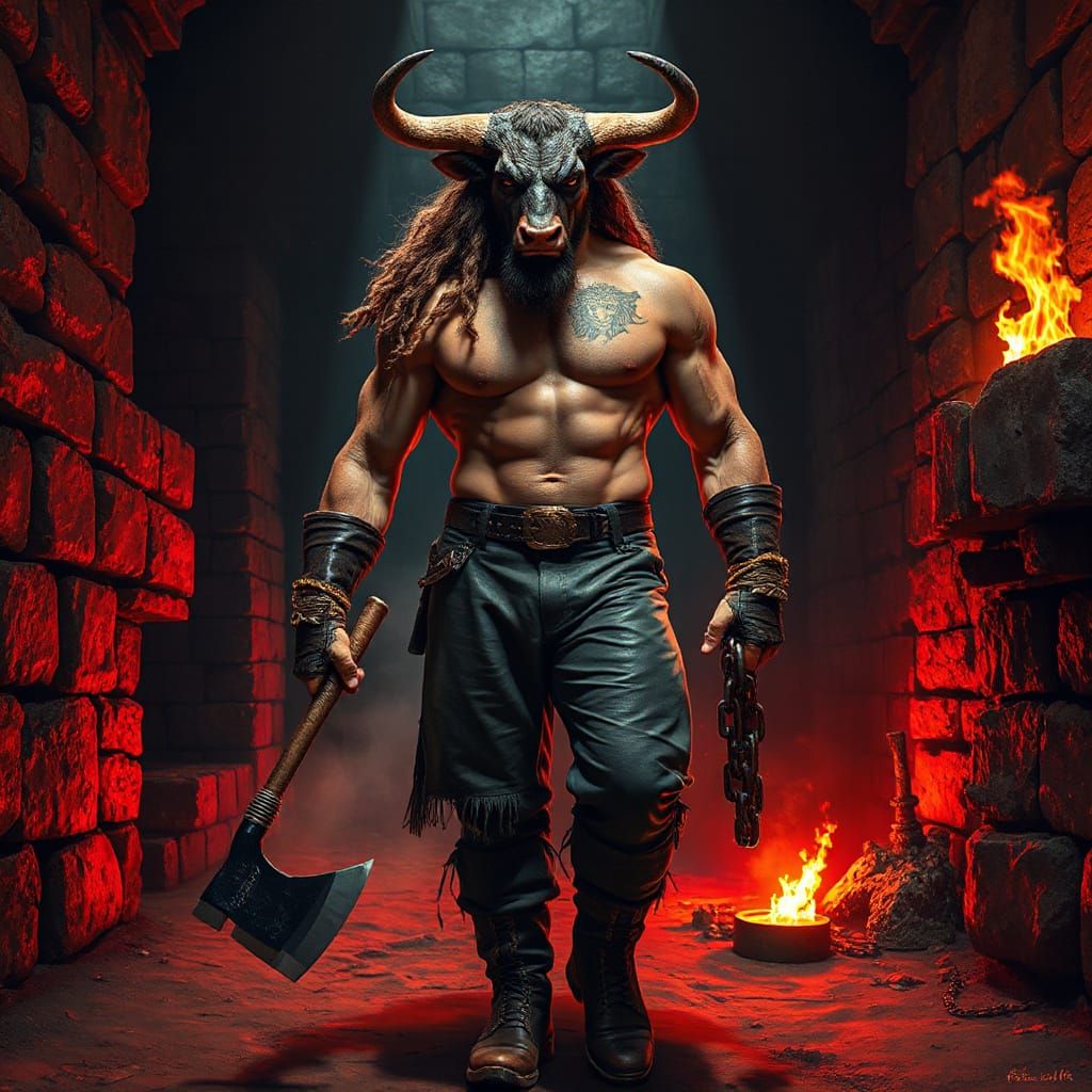 Brawny Minotaur Strolls Through Ancient Labyrinth in Dark Fa...