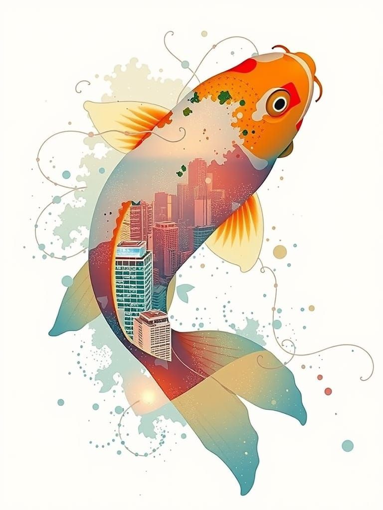 Silhouette of Koi in Tokyo Cityscape at Night