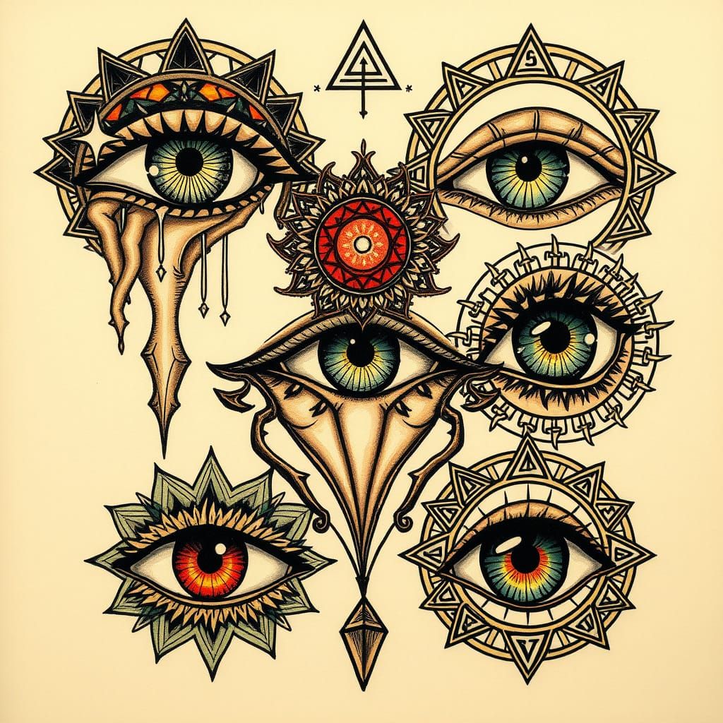 Mystical Eye Tattoo Flash Sheet in Art Nouveau Style