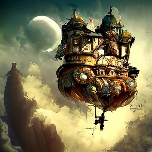 Steampunk Skyship Over Medieval City Fantasy Art