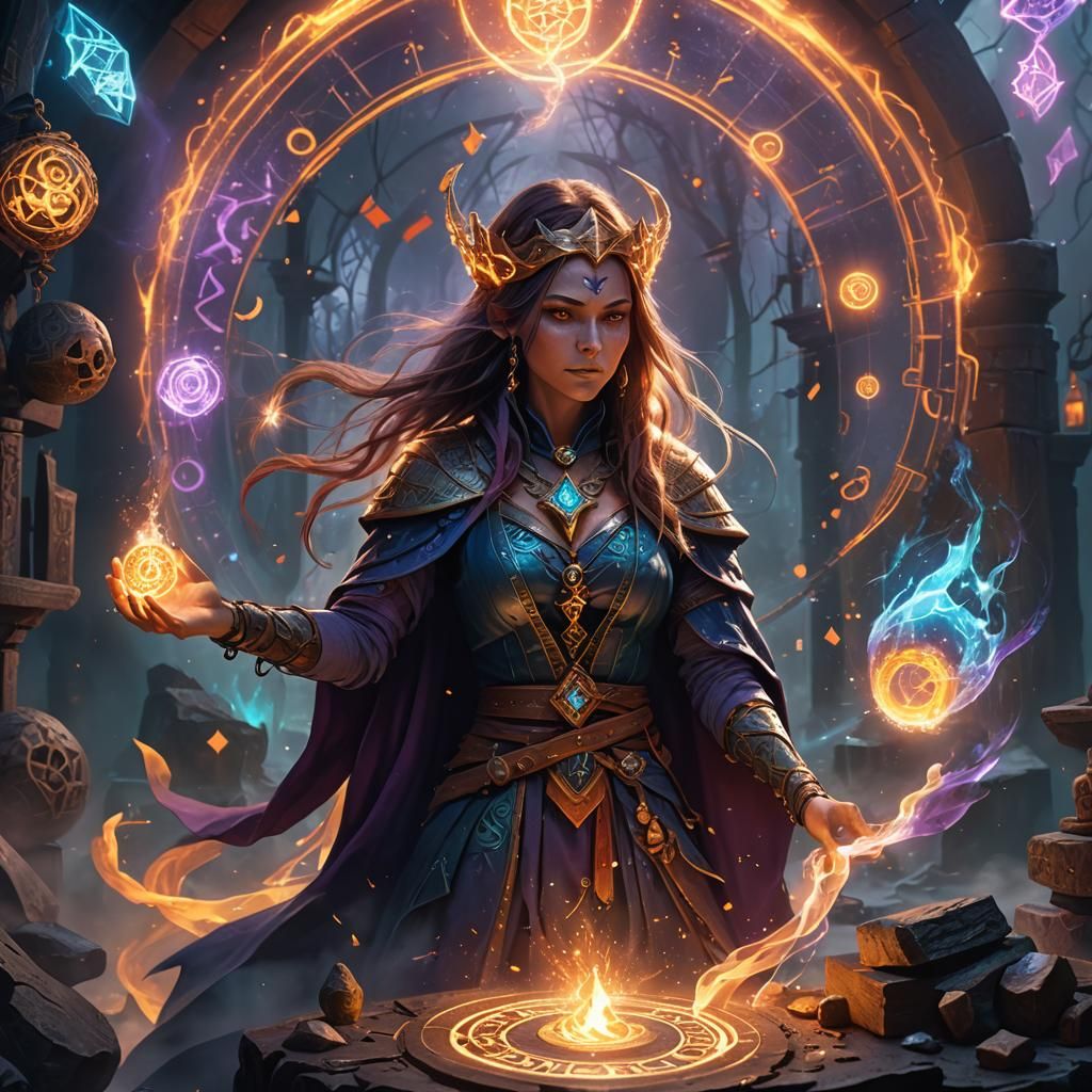 Powerful Sorceress Casting Spell in a Mystical Realm