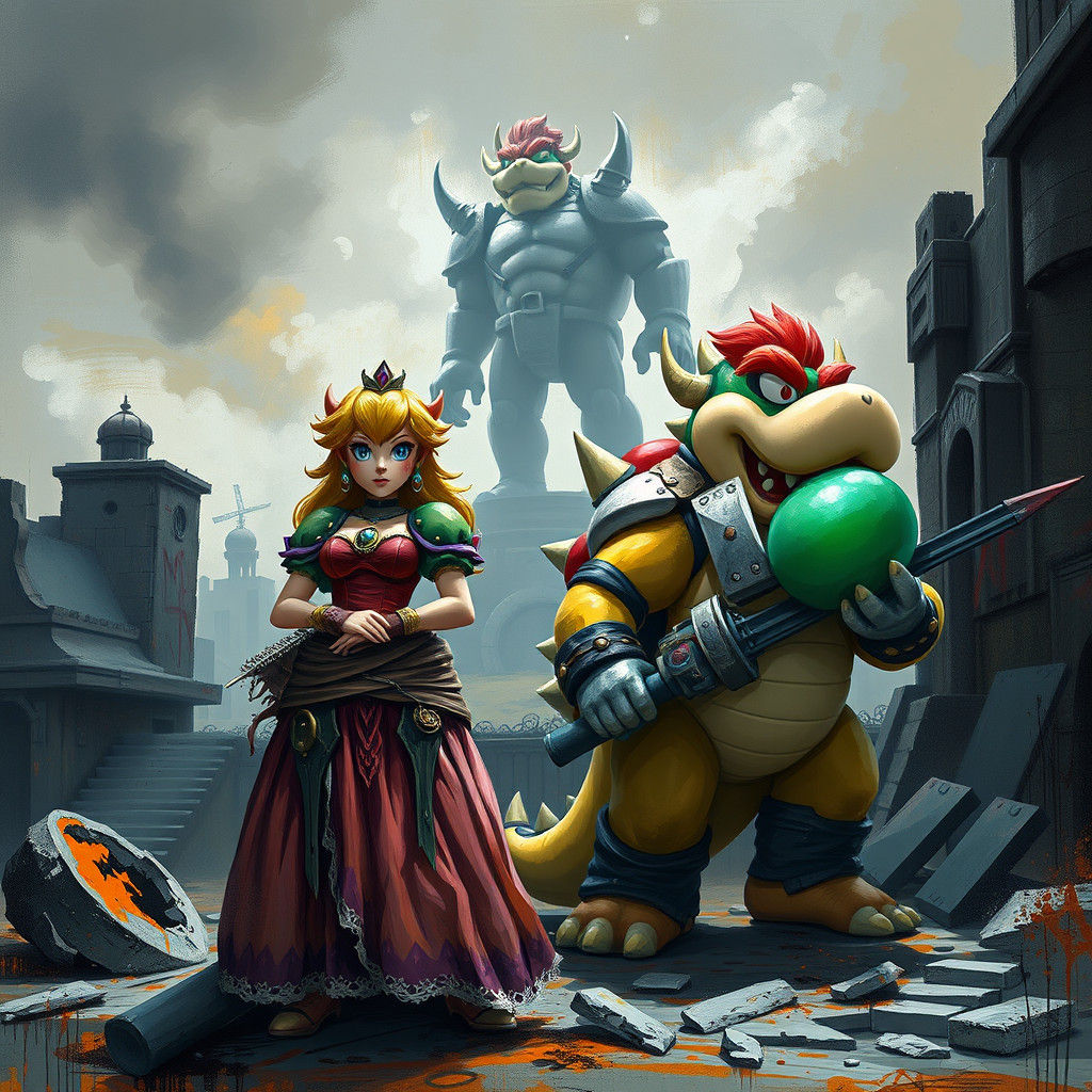 Post-Apocalyptic Princess Peach and Yoshi in Dark Fantasy St...