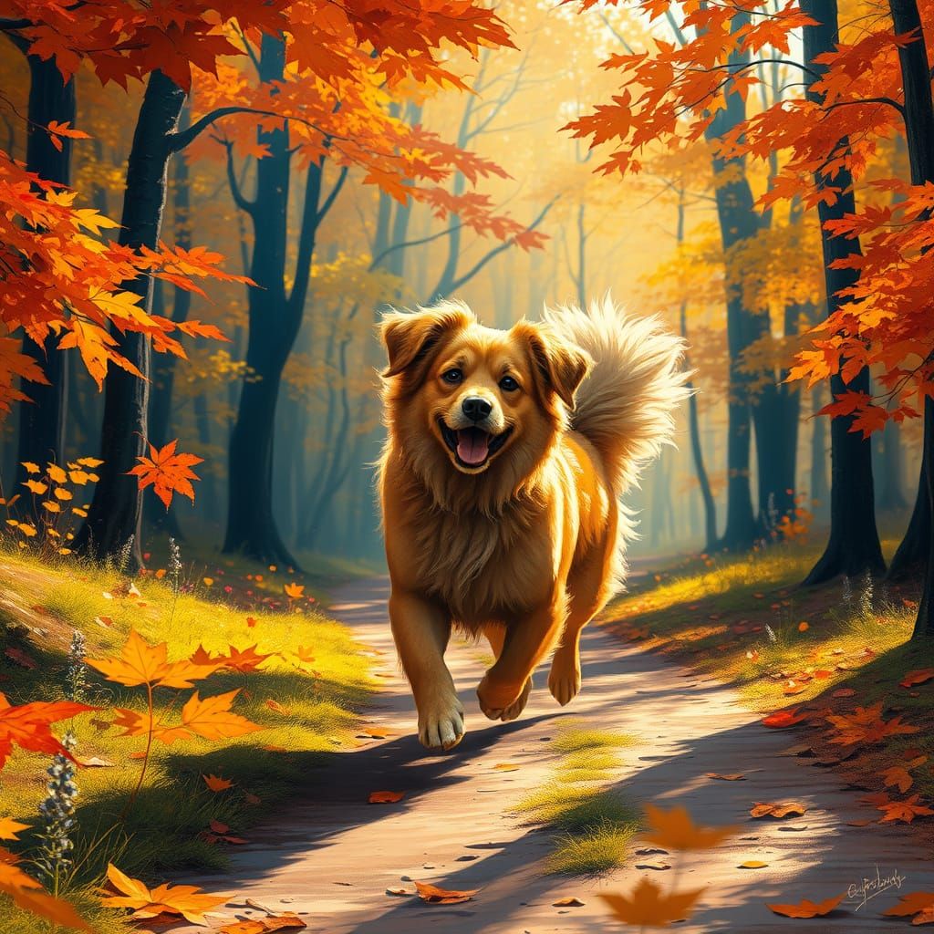 Joyful Dog in Autumn Forest Impressionism