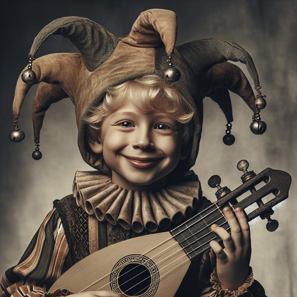 Young Jester Boy Plays Lute with Joy