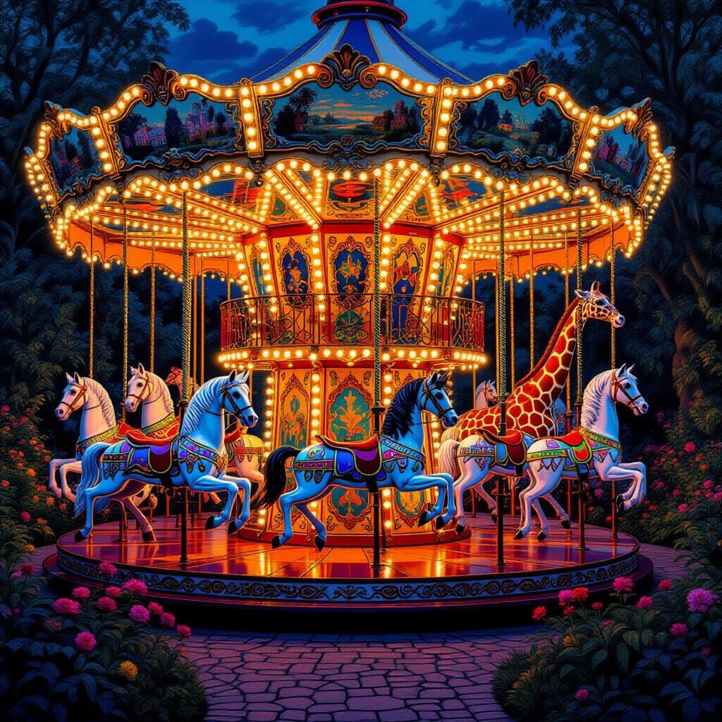 Ornate Carousel with Mythical Creatures in Vibrant Garden