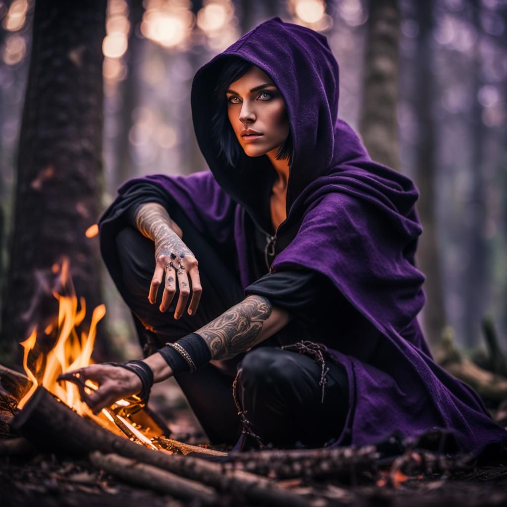 Half-Elf Rogue Portrait in Forest Camp