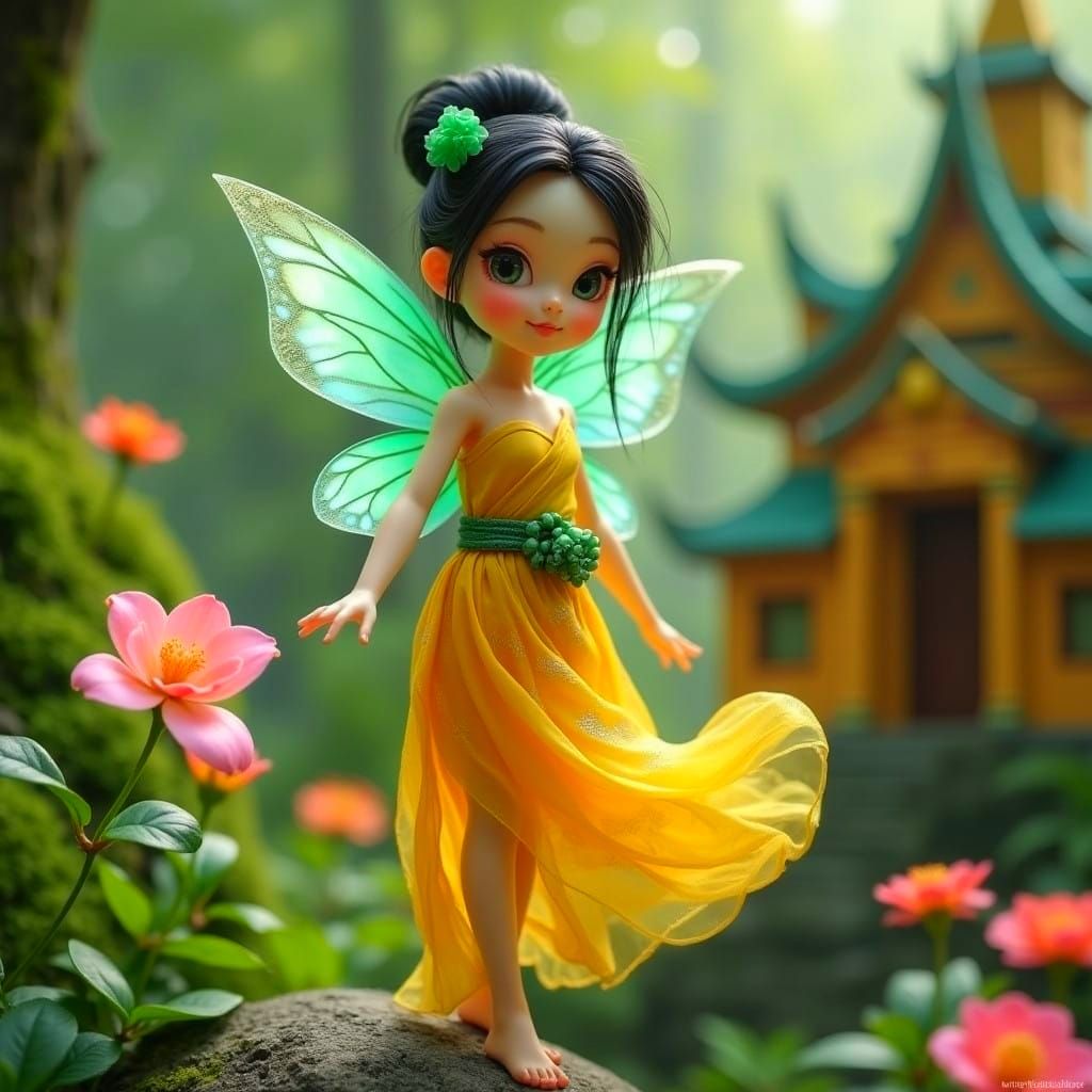 Delicate Fairy in Enchanted Garden with Traditional Yellow L...