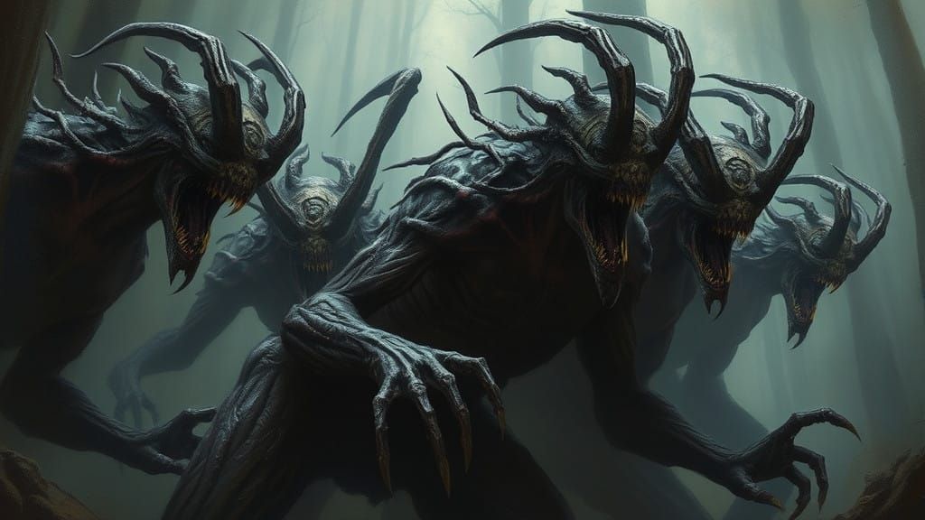 Ethereal Abyssal Scavengers in a Haunting Forest Landscape