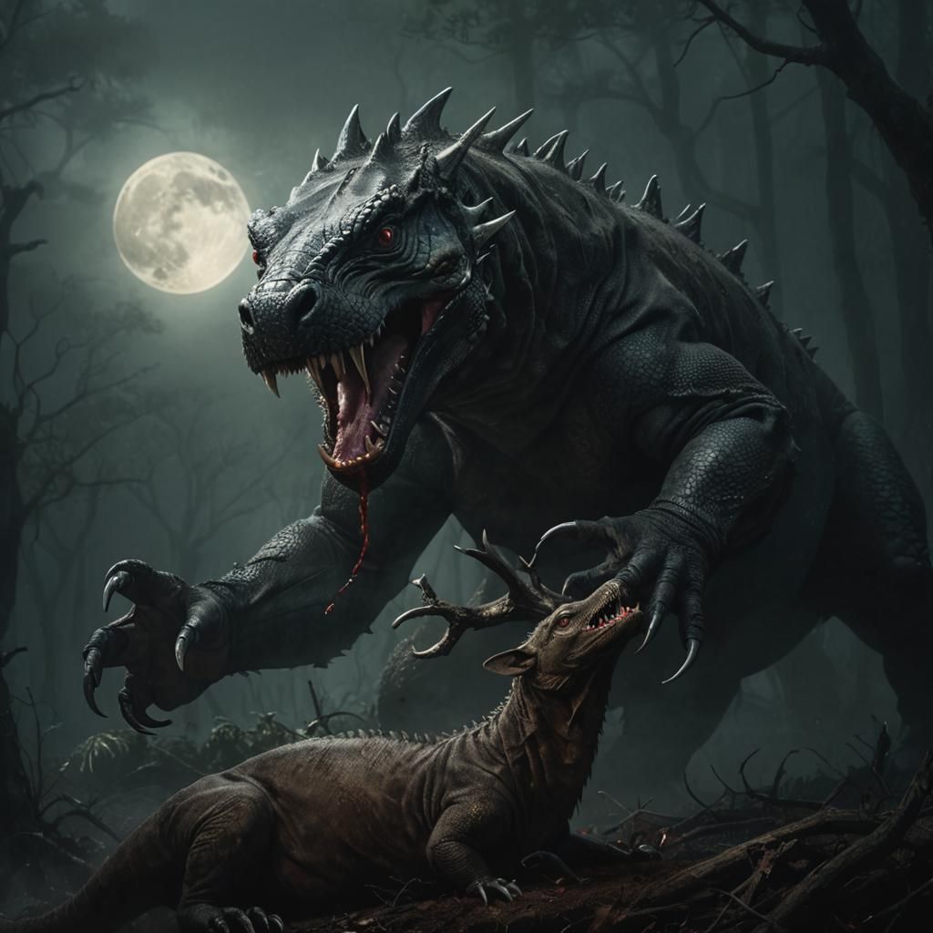 Komodo Dragon's Feast in Misty Forest