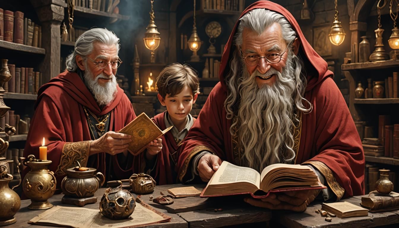 Wizard Hands Magic Book to Apprentice