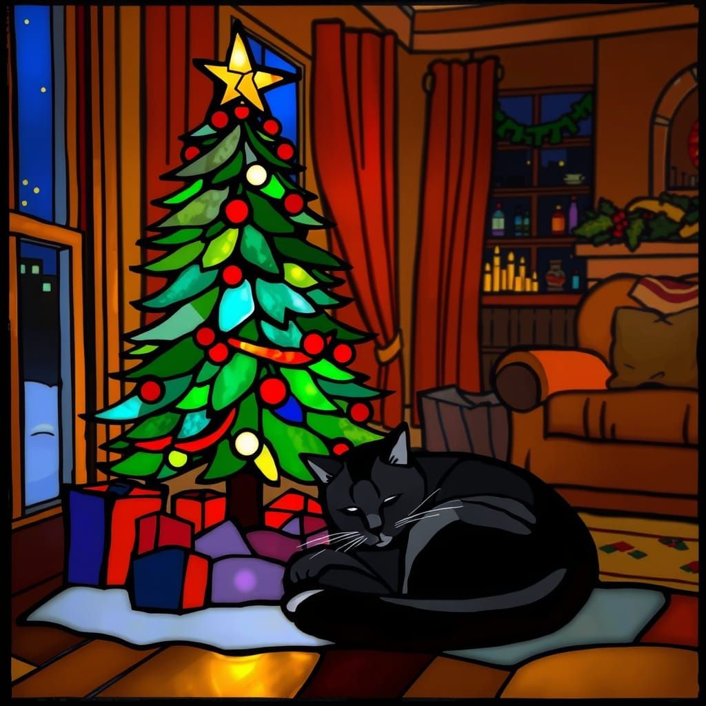 Cat Under Christmas Tree in Stained Glass Style