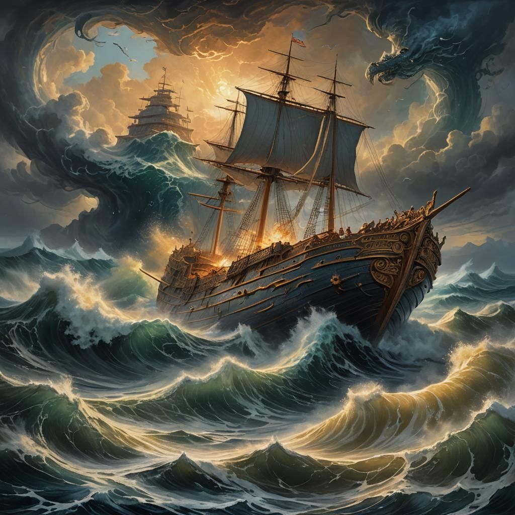 Leviathan Rising: Epic Fantasy Oil Painting of Sea Storm