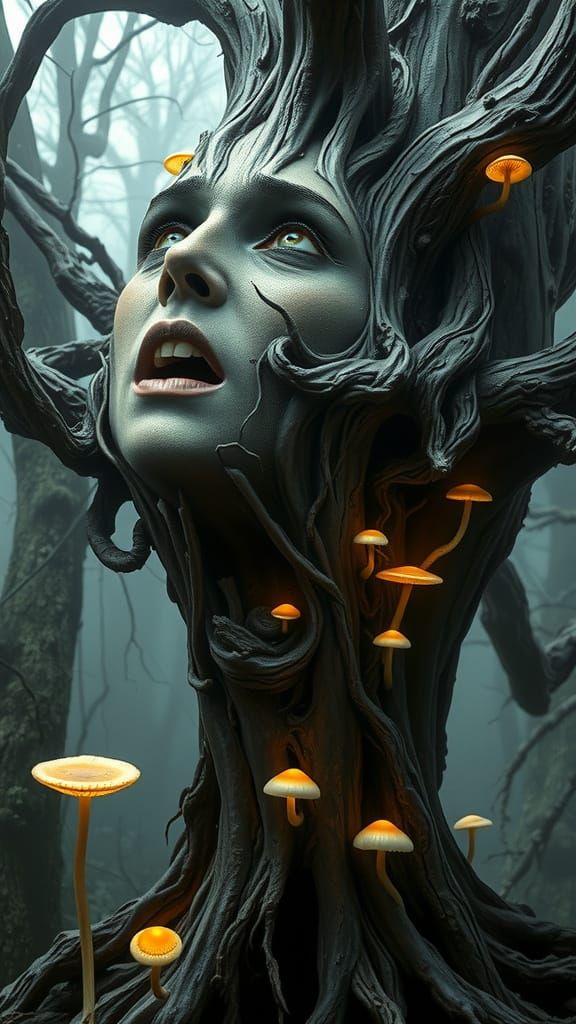 a human face seamlessly merging with an ancient, gnarled tree trunk. The face displays a wide-open mouth in a silent scr...
