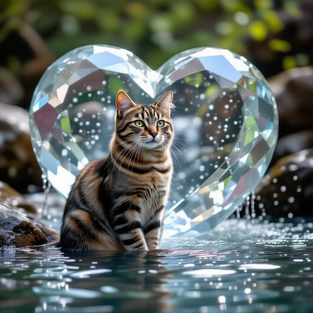 Grey Tabby Cat in Crystal Waterfall