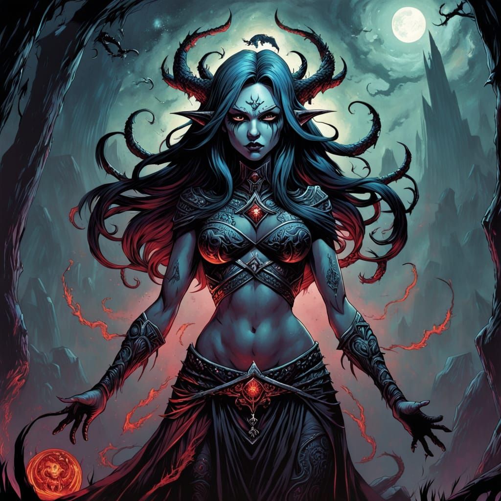 Lilith's Ancient Rites: A Gothic Ink Impasto Painting