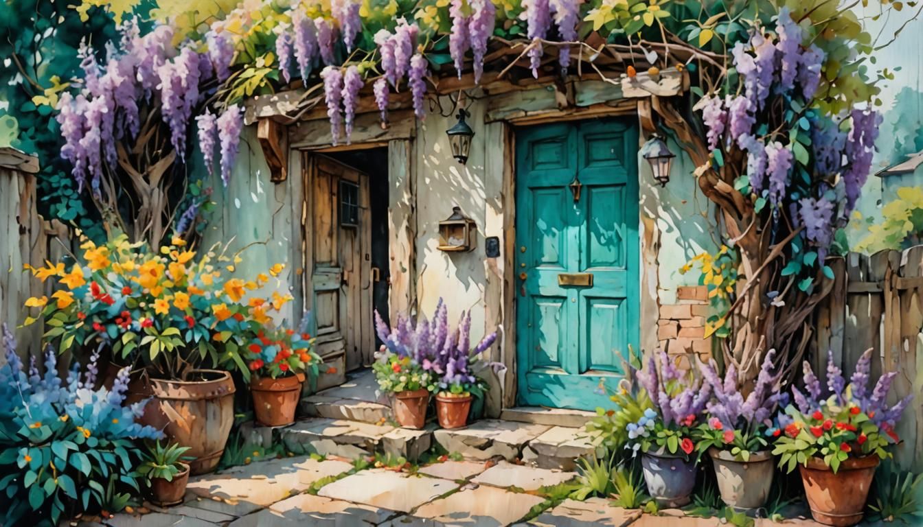 Teal Country Door with Flowers in Watercolor Style