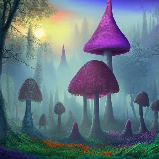 Psychedelic Mushroom Forest Castle Under Crimson Sun
