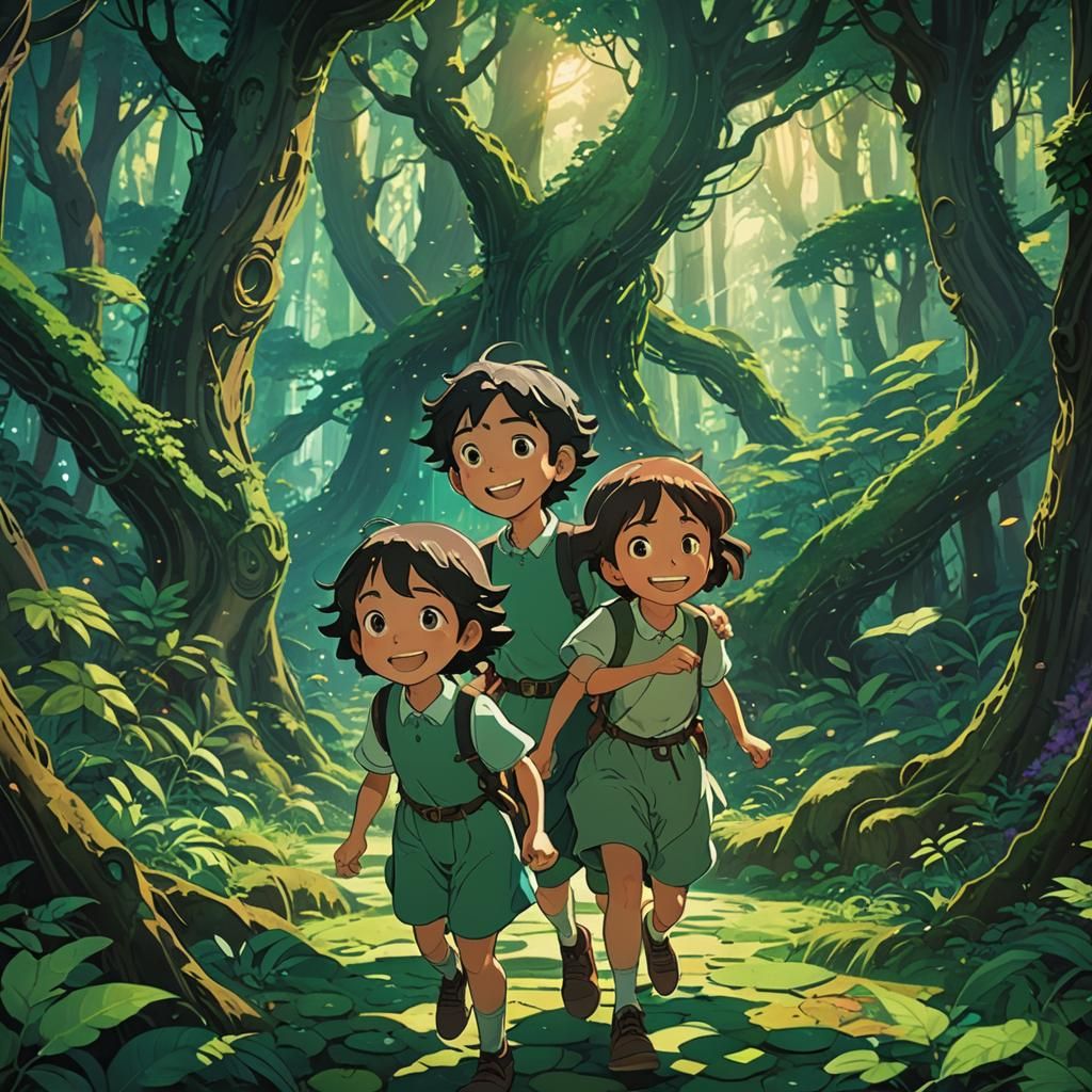 Children Smiling in Mystical Forest, Ghibli-Inspired