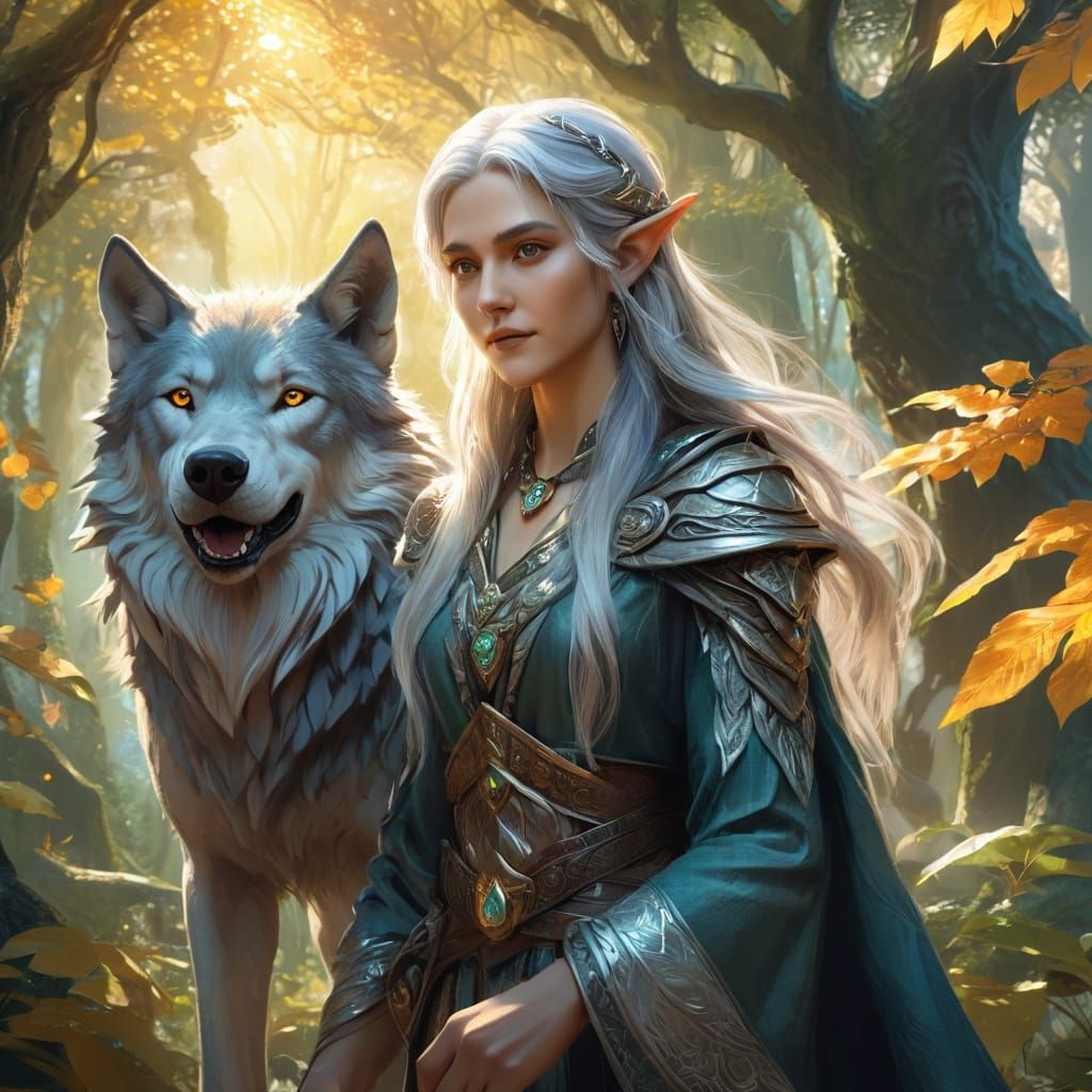 Elven Lady and Wolf Spirit Guardian in Sylvan Grove