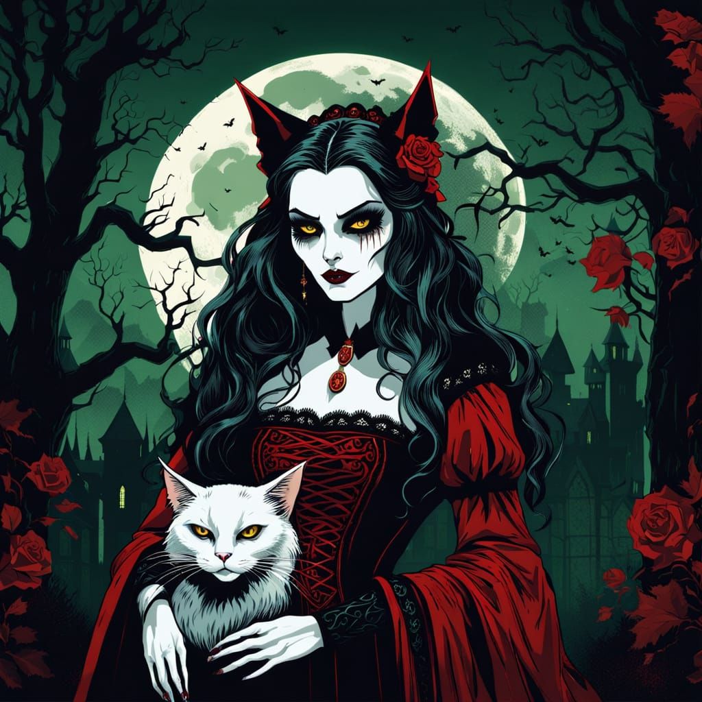 Gothic Vampire Cat in Dark Fantasy Castle