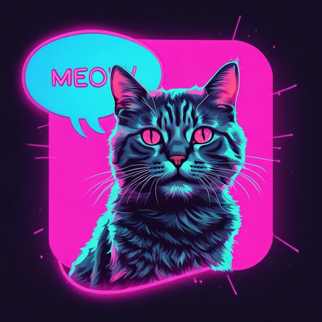 Cute Cat with Speech Bubble in Synthwave Style