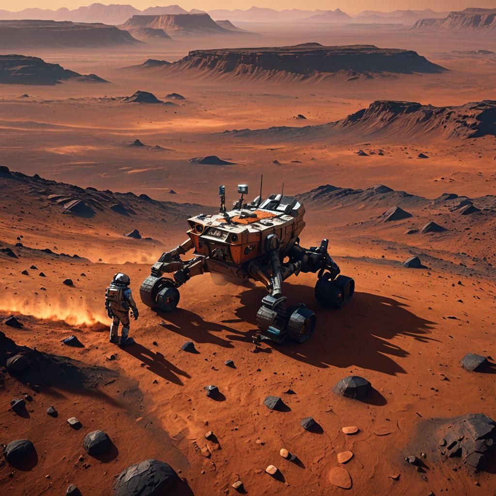 Martian Encounter: Rover Meets Alien in Sci-Fi Art