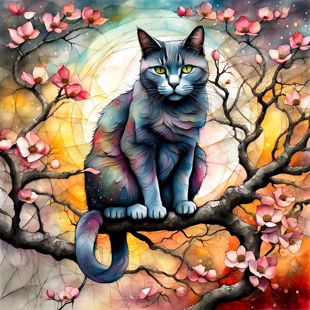 Grey Cat in Dogwood Tree: Mixed Media Digital Art