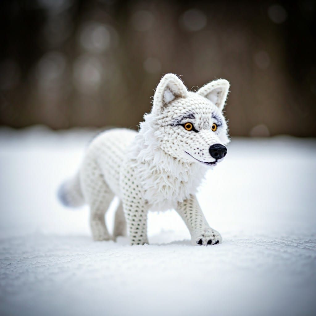 Hyperrealistic Crochet White Wolf in Snowy Field