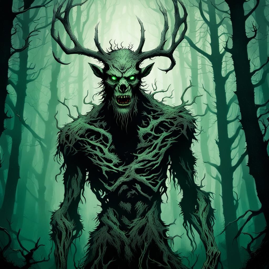 Eerie Wendigo in Misty Forest: Dark Fantasy Illustration