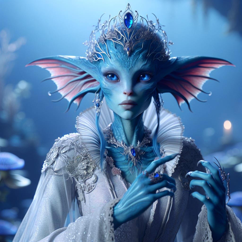 Blue-Skinned Underwater Royal in Royal Attire