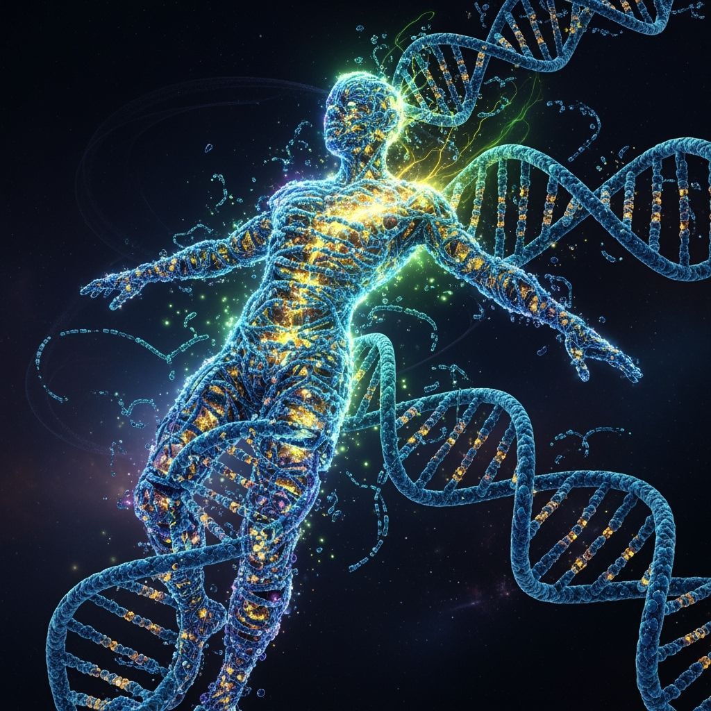 Exploded DNA Helix Human Figure in Cosmic Space