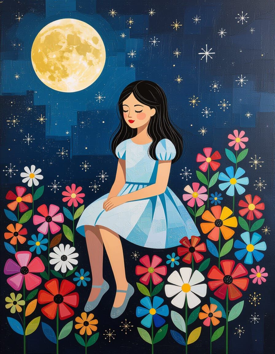 Child Among Flowers in Luminous Nightscape