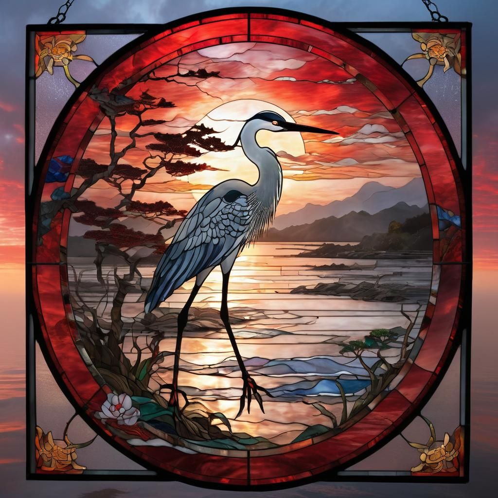 Stained Glass Heron with Red Sun