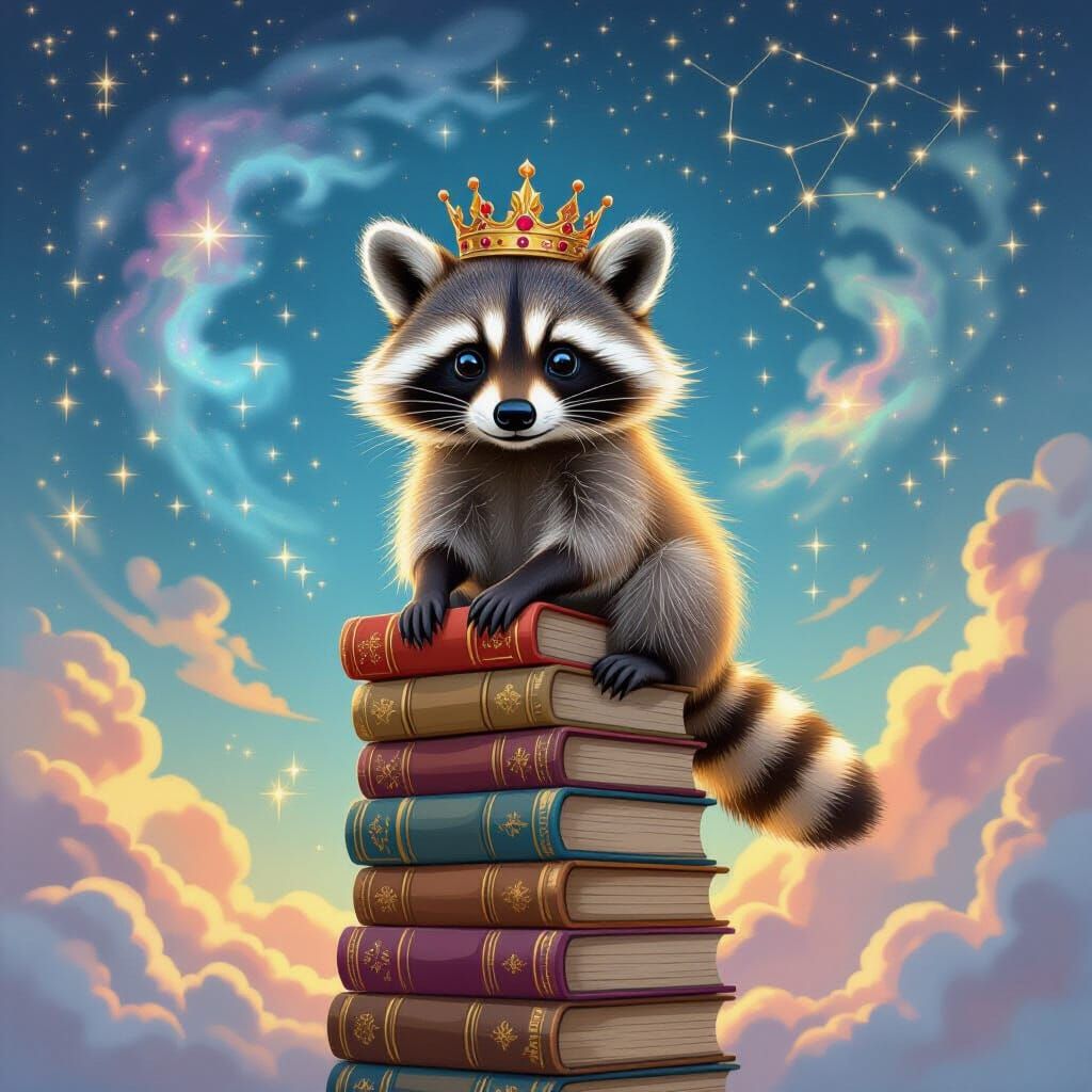 Mischievous Raccoon King on Floating Books