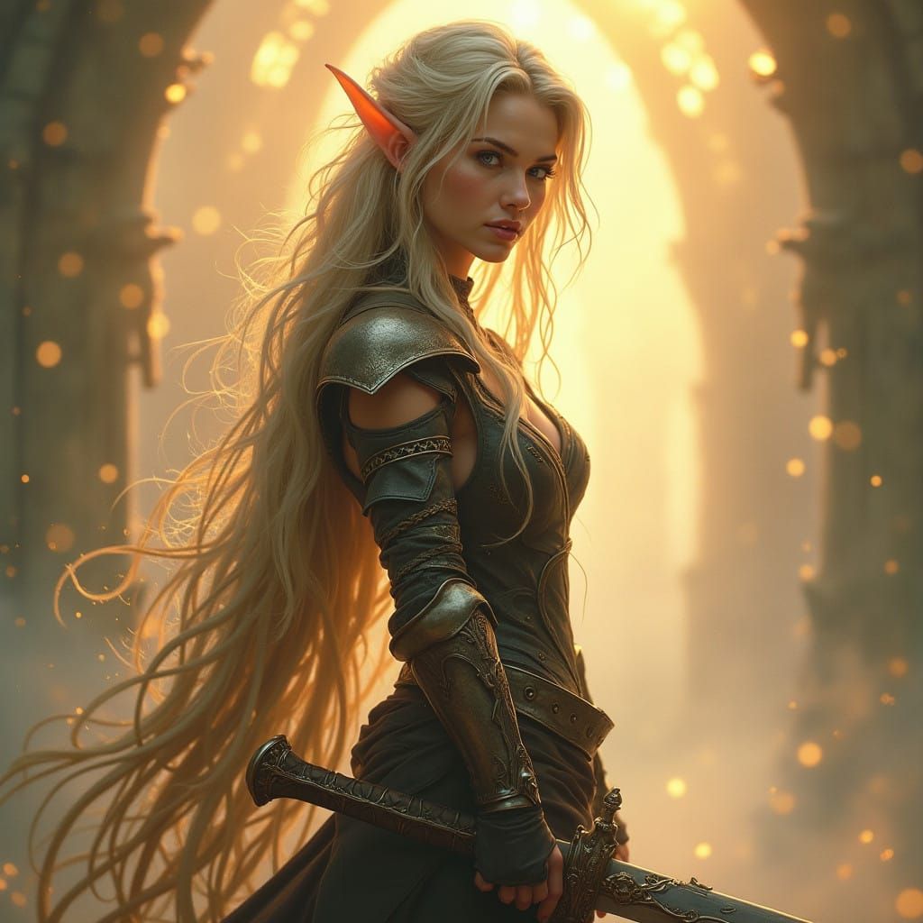 Ethereal Elven Warrior in Mystical Golden Light