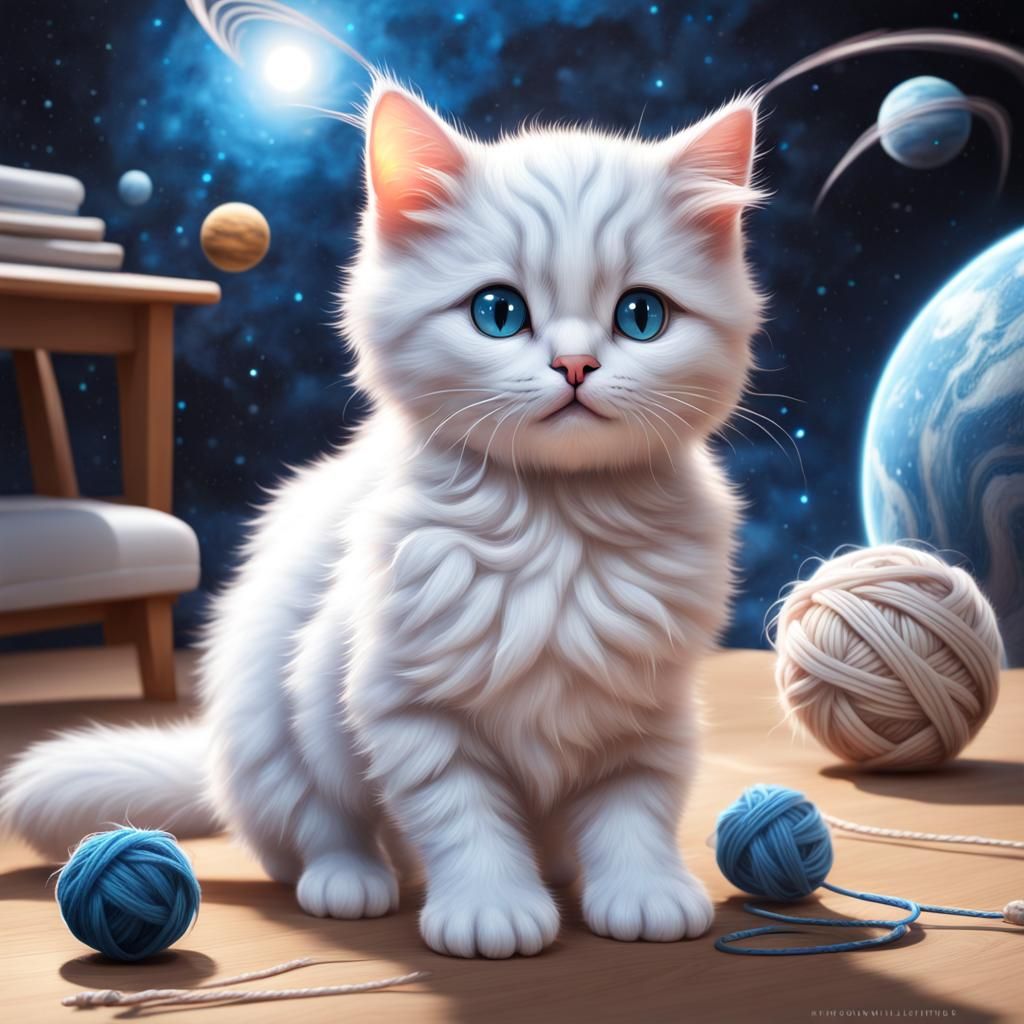 Cute White Cat Playing in Starry Dreamland