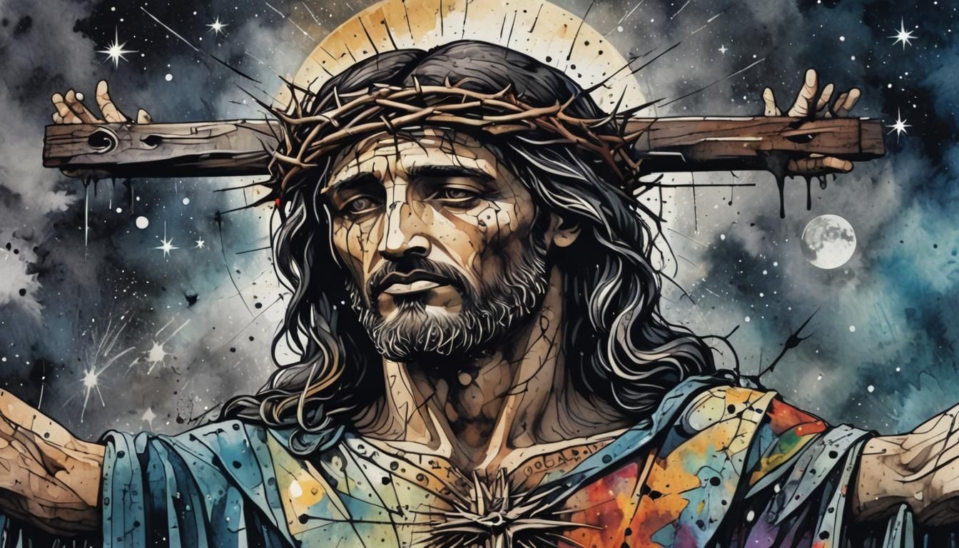 Jesus on Cross with Thorns in Pop Art Style