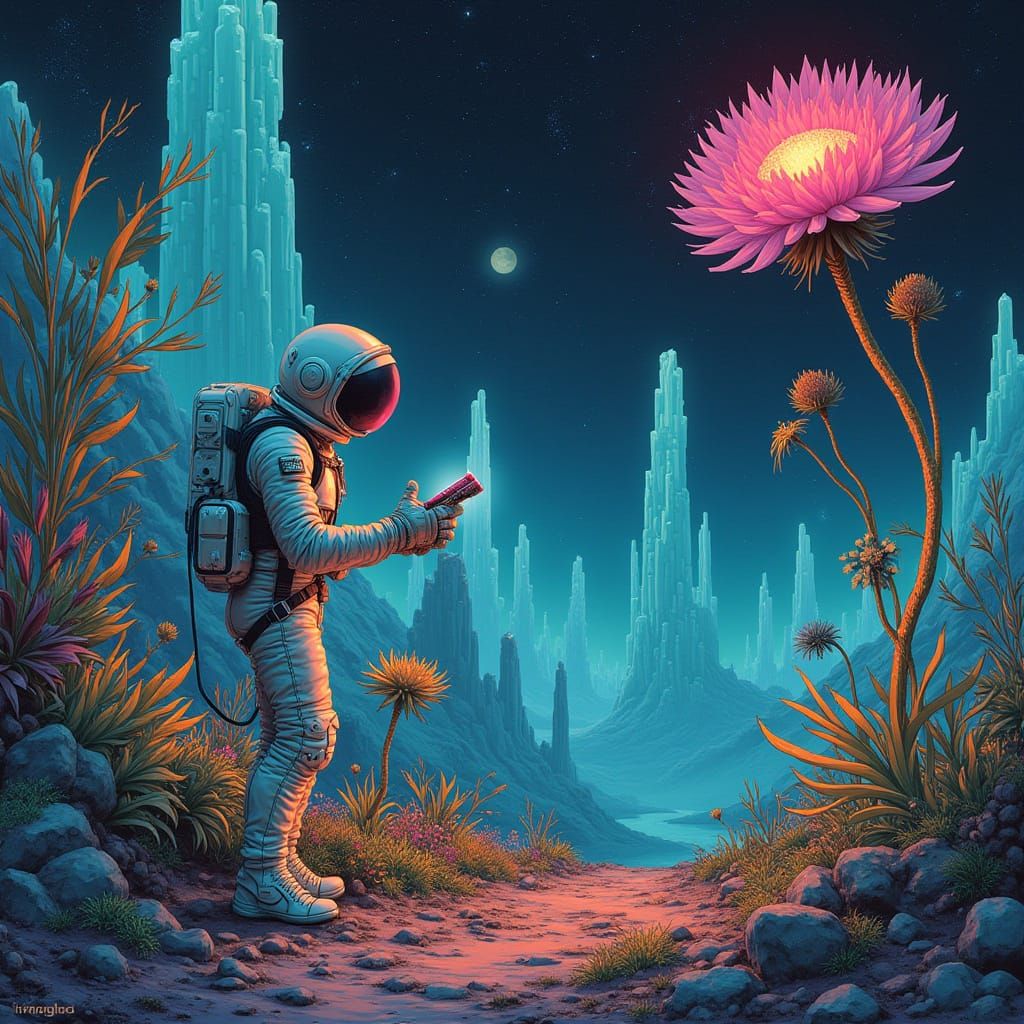 Astronaut Explores Glowing Alien Jungle in Retro Sci-Fi Styl...