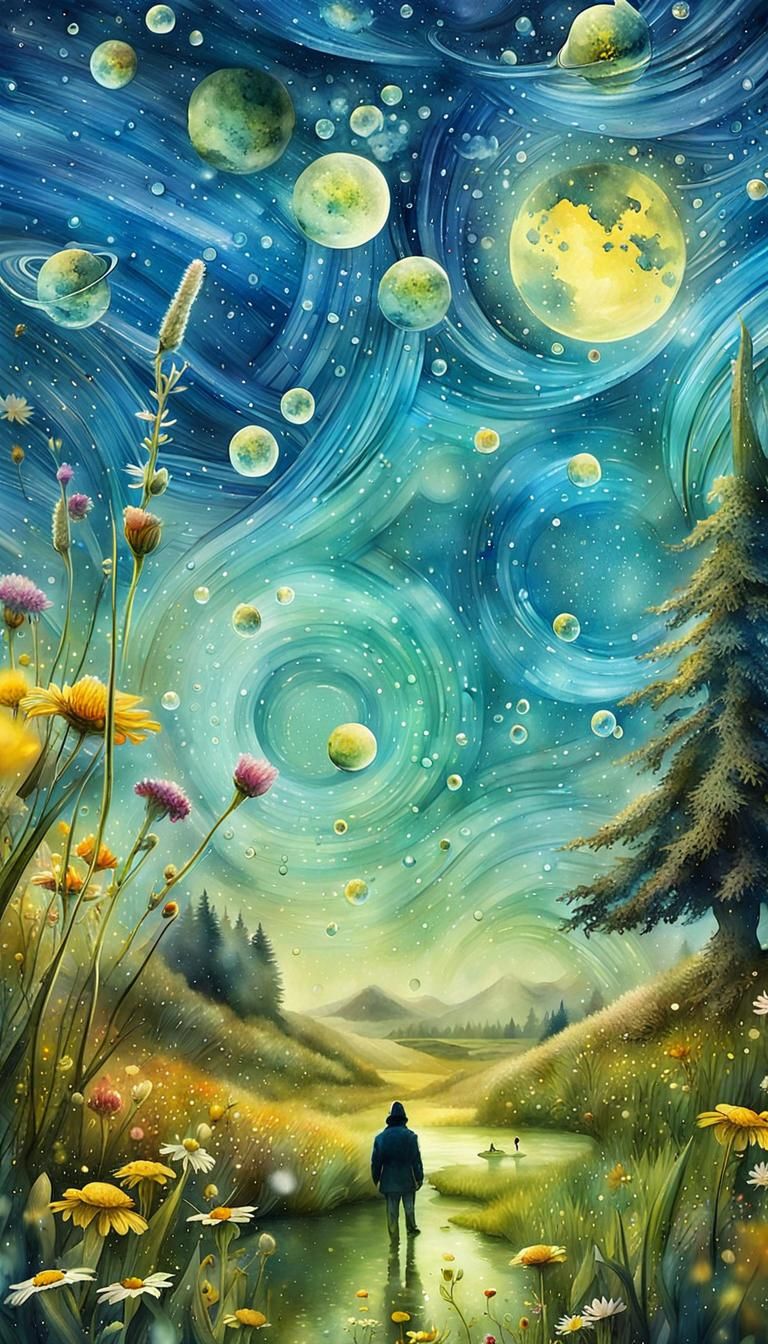 Surreal Flower Meadow Planets in Watercolor Style