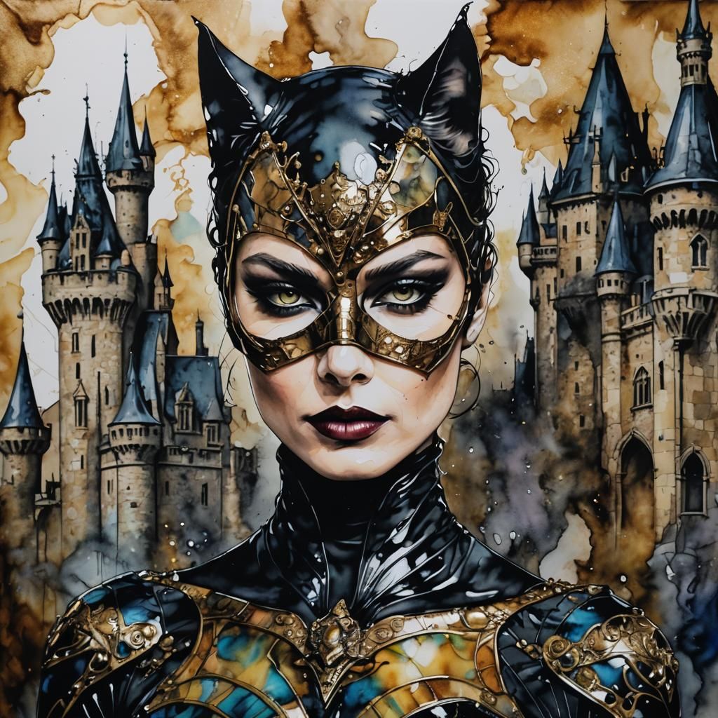 Catwoman Haute Couture Portrait in Alcohol Ink