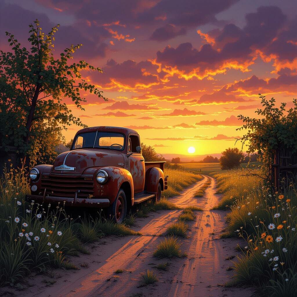 Vintage Truck at Sunset in Renaissance Oil Painting Style